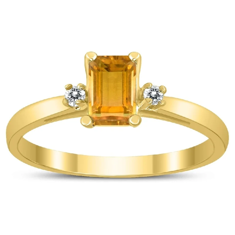 Peaked band ring-Emerald Cut 6X4MM Citrine and Diamond Three Stone Ring in 10K Yellow Gold