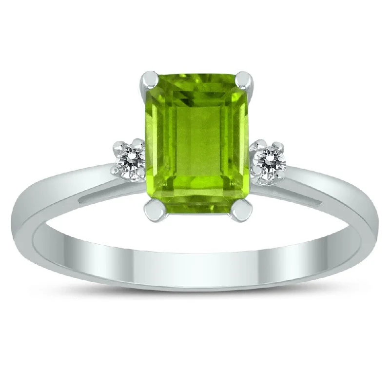 Unakite jasper ring-Emerald Cut 7X5MM Peridot and Diamond Three Stone Ring in 10K White Gold