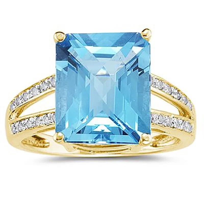 Border stone ring-Emerald Cut Blue Topaz and Diamond Ring 10k Yellow Gold