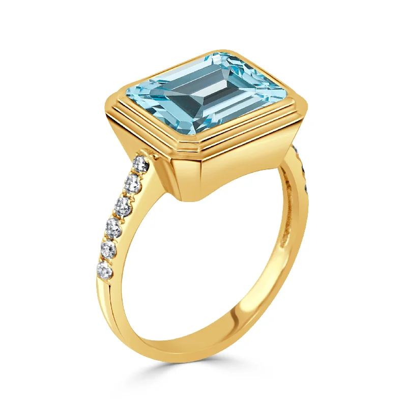 Grooved edge ring-Emerald-Cut Blue Topaz & Diamond 18K Yellow Gold Ring