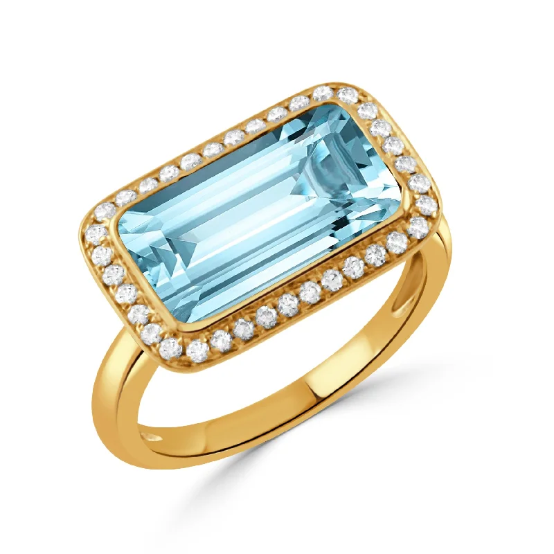 Denim weave ring-Emerald-Cut Blue Topaz & Pavé Diamond Halo 18K Yellow Gold Ring