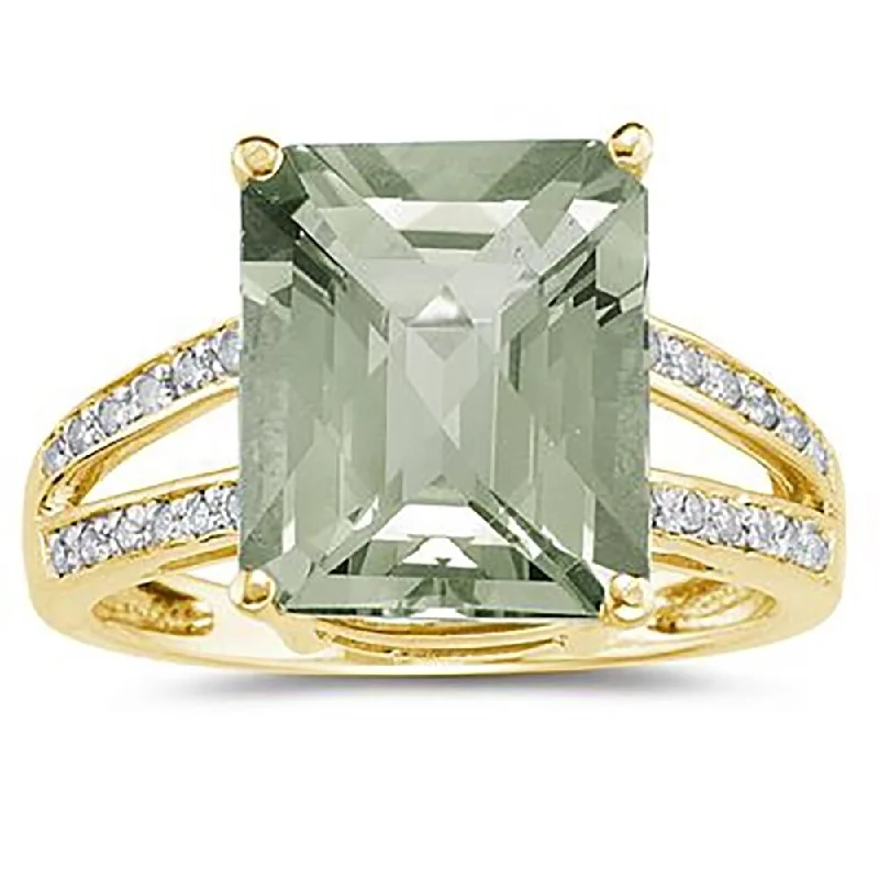 Arched shank ring-Emerald Cut Green Amethyst and Diamond Ring 10k Yellow Gold