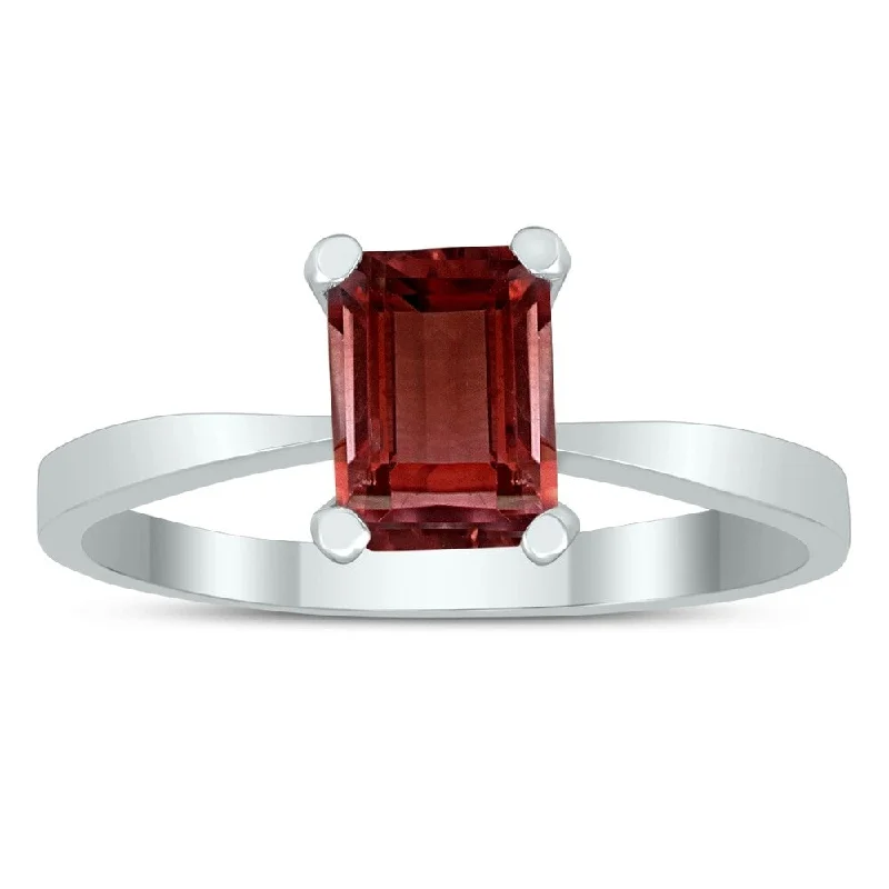 Medieval style ring-Emerald Shaped 7X5MM Garnet Solitaire Ring in 10K White Gold