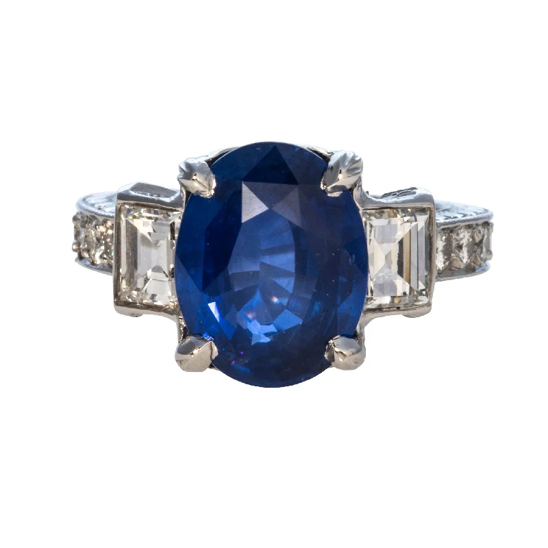 Woolen felt ring-Estate 5ct Oval Sapphire, Baguette & Round Diamond Platinum Ring