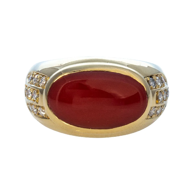 Archaic ring-Estate Cabochon Coral & Diamond 18K Yellow Gold Ring