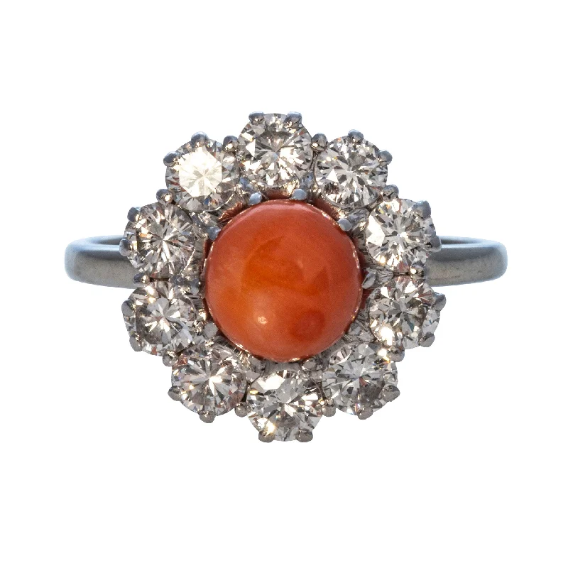 Vaulted set ring-Estate Round Coral & Diamond Platinum 18K Gold Ring