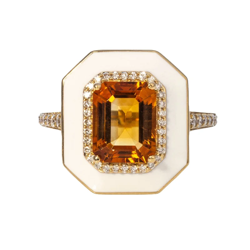 Goshwara Emerald-Cut Citrine & White Enamel 18K Gold Ring