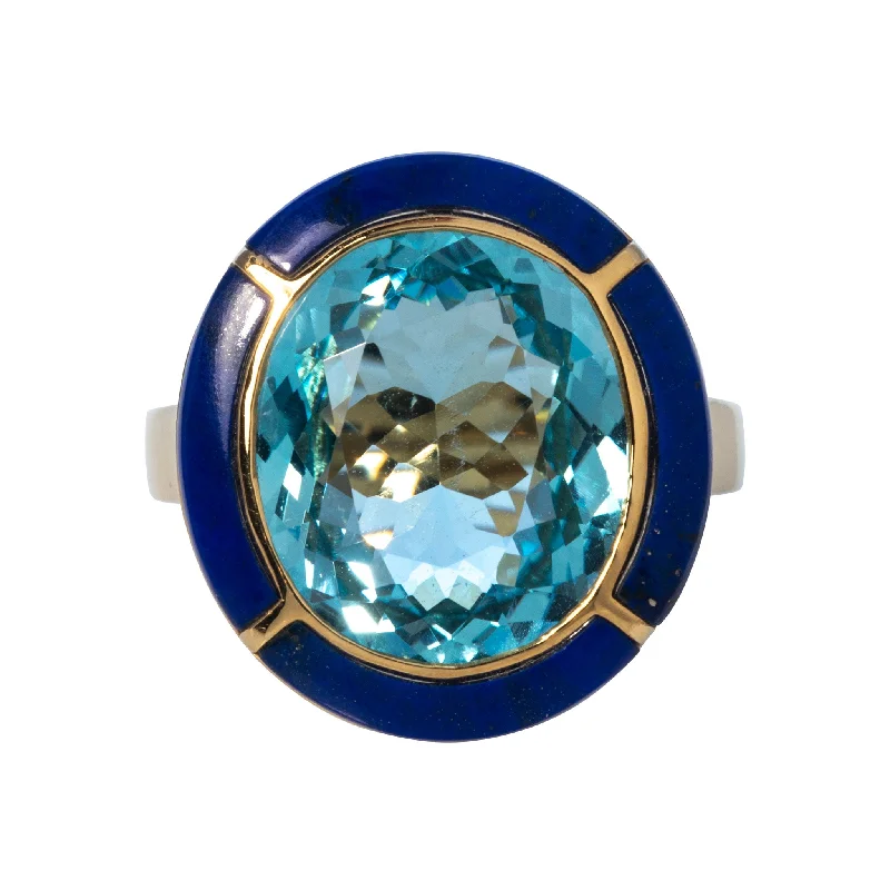 Layered cut ring-Goshwara Oval Blue Topaz & Lapis Lazuli Inlay 18K Gold Ring