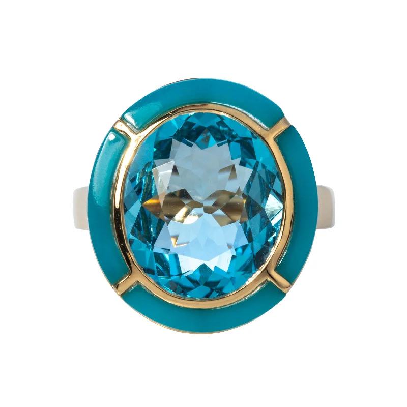 Clan crest ring-Goshwara Oval Blue Topaz & Turquoise Inlay 18K Gold Ring