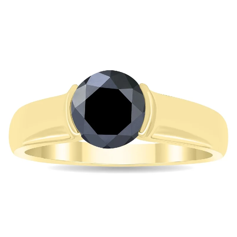 Rugged band ring-Marquee 1 1/2 Carat Half Bezel Black Diamond Solitaire Ring in 10K Yellow Gold