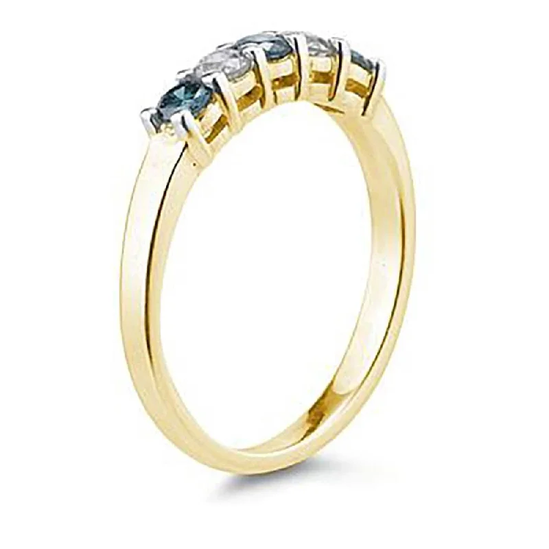 Ocean ripple ring-Marquee 5 Stone Blue and White Diamond Ring in 14K Yellow Gold