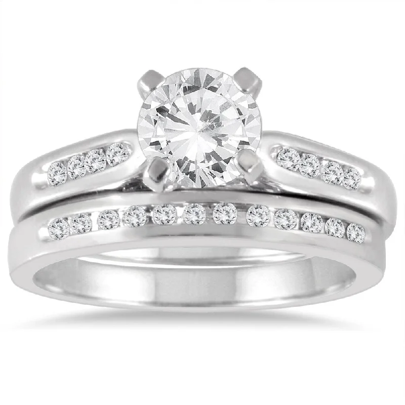 Lattice texture ring-Marquee Certified 1 1/5 Carat TW Diamond Bridal Set in 14K White Gold (H-I Color, I1-I2 Clarity)