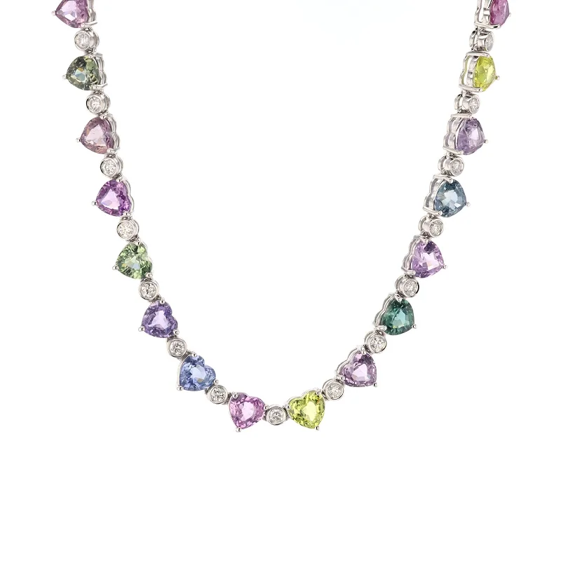 Almond bead necklace-Multi-Color Sapphire & Diamond Necklace