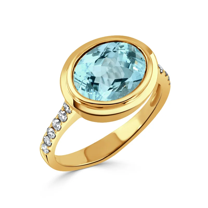 Scorched wood ring-Oval Blue Topaz & Pavé Diamond 18K Yellow Gold Ring