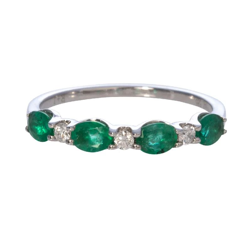 Knotted twig ring-Oval Emerald & Round Diamond 14K White Gold Band