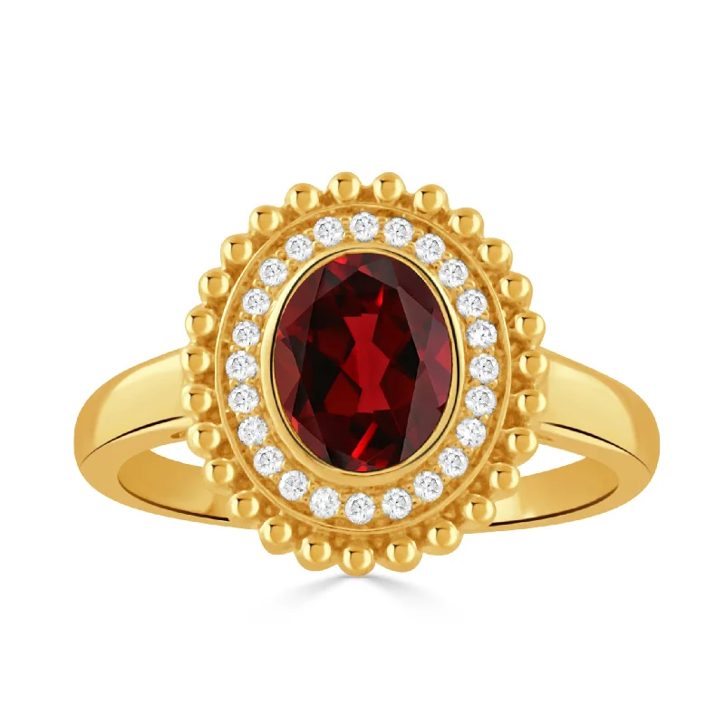 Frosted glass ring-Oval Garnet & Diamond 18K Yellow Gold Beaded Ring