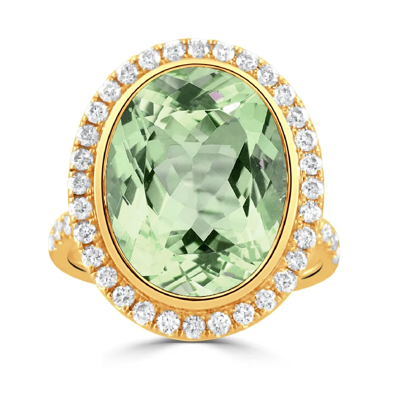 Woolen felt ring-Oval Green Amethyst & Pavé Diamond Halo 18K Yellow Gold Ring