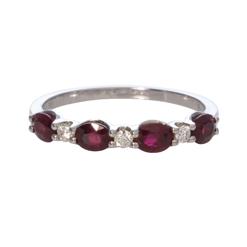 Rock vein ring-Oval Ruby & Round Diamond 14K White Gold Band