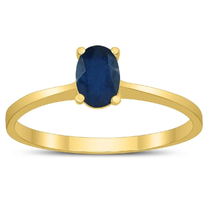 Grooved edge ring-Oval Solitaire 6X4MM Sapphire Ring in 10K Yellow Gold