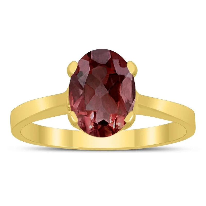 Chipped bark ring-Oval Solitaire 8X6MM Garnet Ring in 10K Yellow Gold