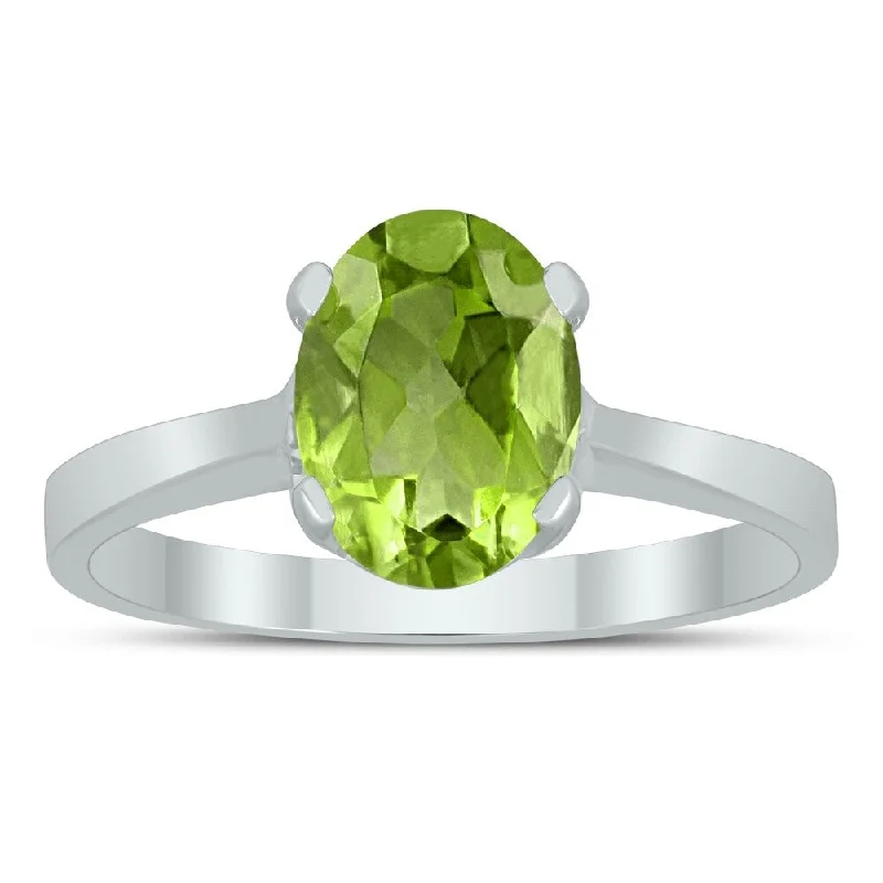 Faceted aquamarine ring-Oval Solitaire 8X6MM Peridot Ring in 10K White Gold