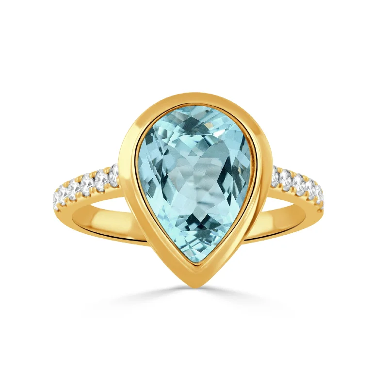 Coiled effect ring-Pear Blue Topaz & Pavé Diamond 18K Yellow Gold Ring