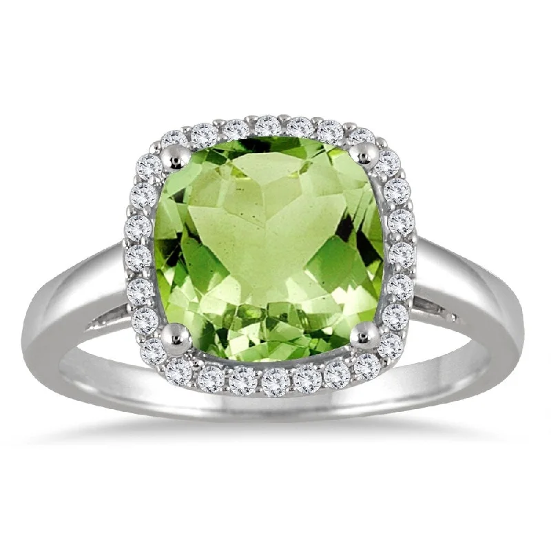 Ocean ripple ring-Peridot and Diamond Halo Ring in 10K White Gold