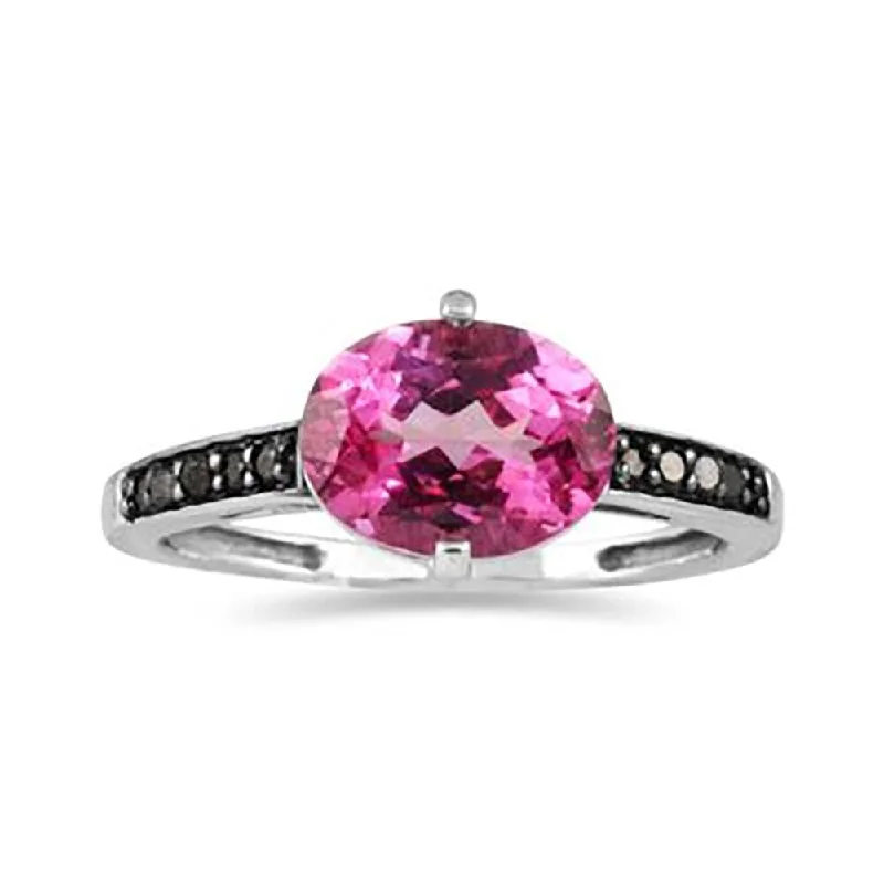 Pinned design ring-Pink Topaz and Black Diamond Ring in 10K White Gold