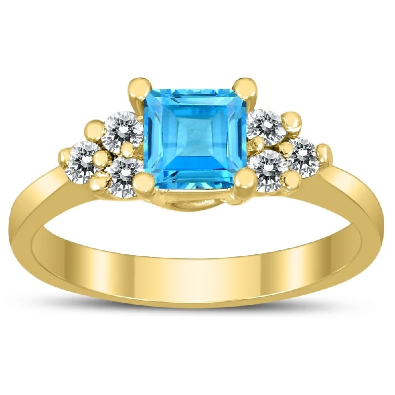 Minoan gold ring-Princess Cut 5X5MM Blue Topaz and Diamond Duchess Ring in 10K Yellow Gold