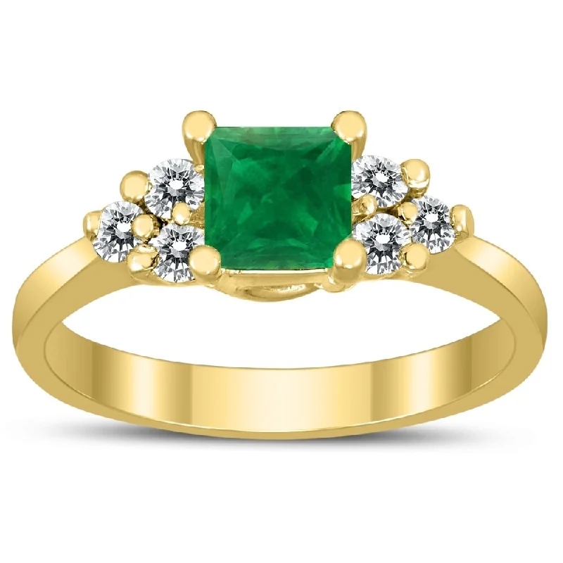 Frosted glass ring-Princess Cut 5X5MM Emerald and Diamond Duchess Ring in 10K Yellow Gold