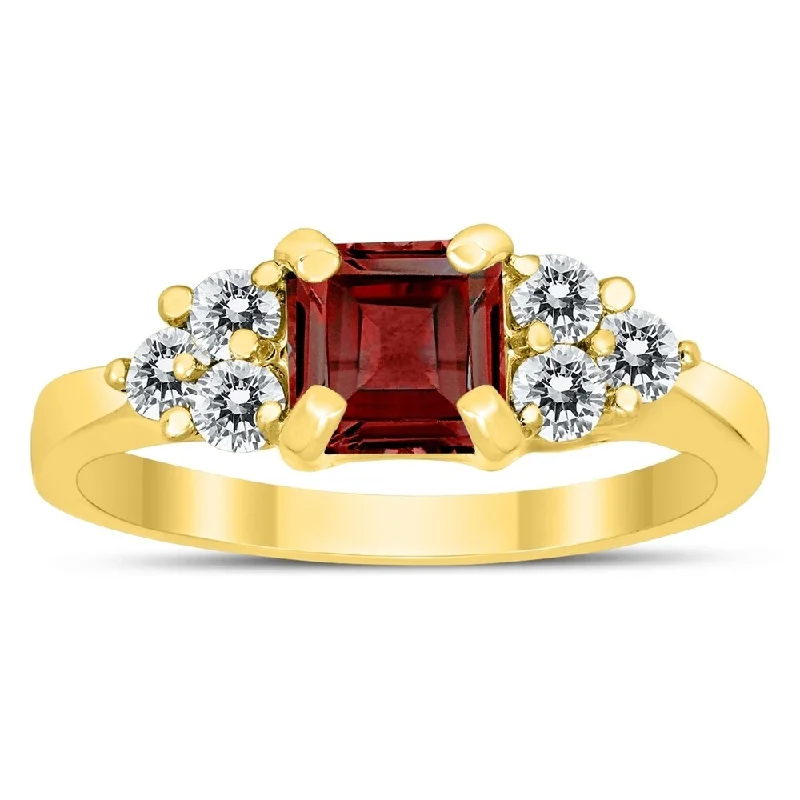 Scarlet coral ring-Princess Cut 6X6MM Garnet and Diamond Duchess Ring in 10K Yellow Gold