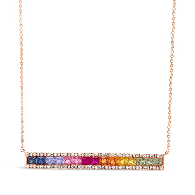 Tartan check necklace-Rainbow Gemstone & Diamond Baguette Bar Necklace