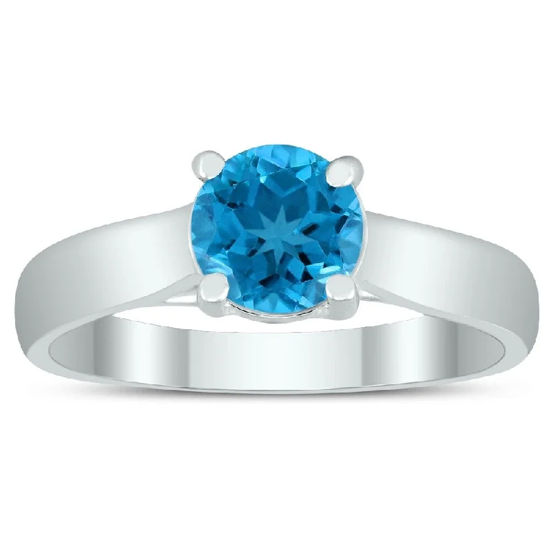 Arced band ring-Round 6MM Blue Topaz Cathedral Solitaire Ring in 10K White Gold