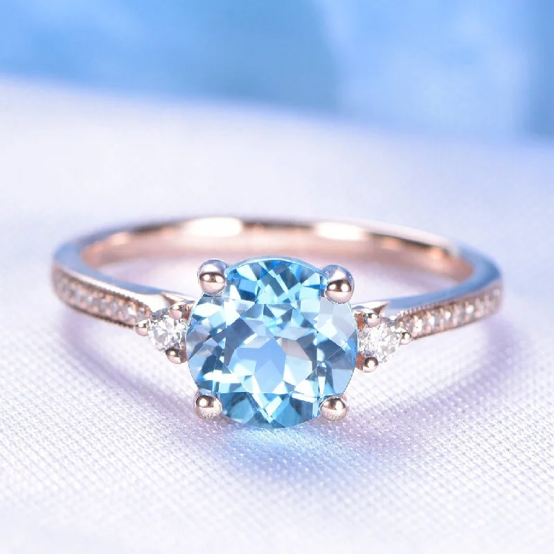 Briolette sapphire ring-7 MM Round Swiss Blue Topaz Engagement Ring