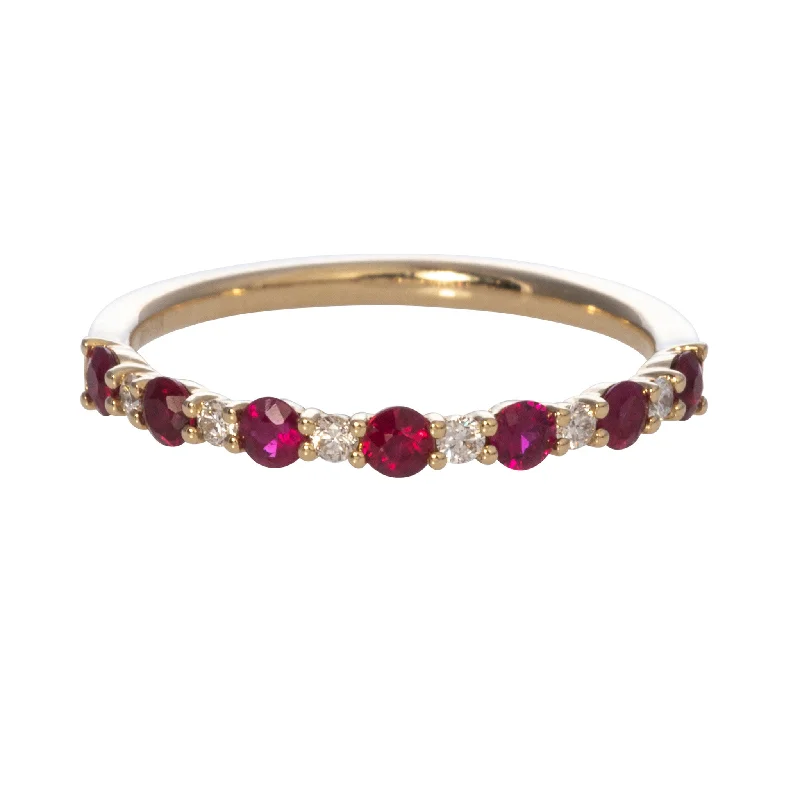 Umber jasper ring-Ruby & Diamond Halfway 14K Yellow Gold Band