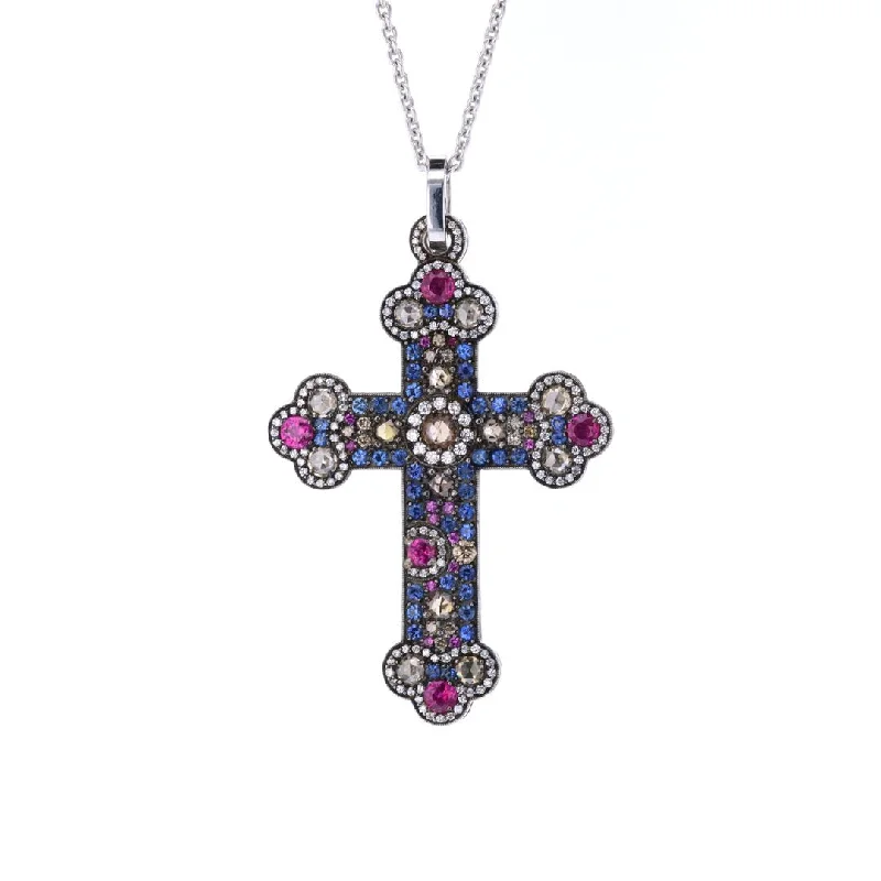 Recycled object necklace-Sapphire & Diamond Cross Pendant Necklace