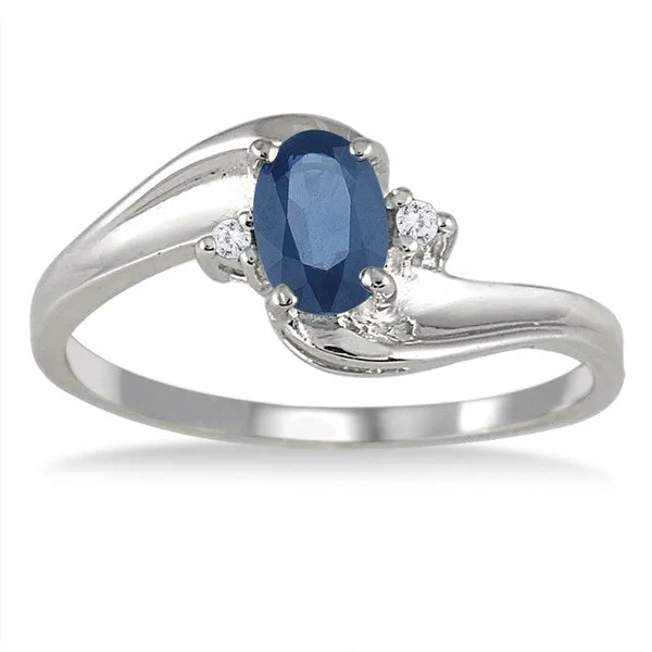 Arched shank ring-Sapphire Gemstone and Diamond Wave Ring 14k White Gold