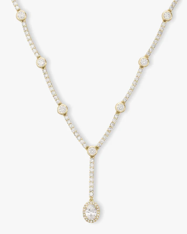 Shoreline wave necklace-She's an Icon Lariat Necklace 16" - Gold|White Diamondettes