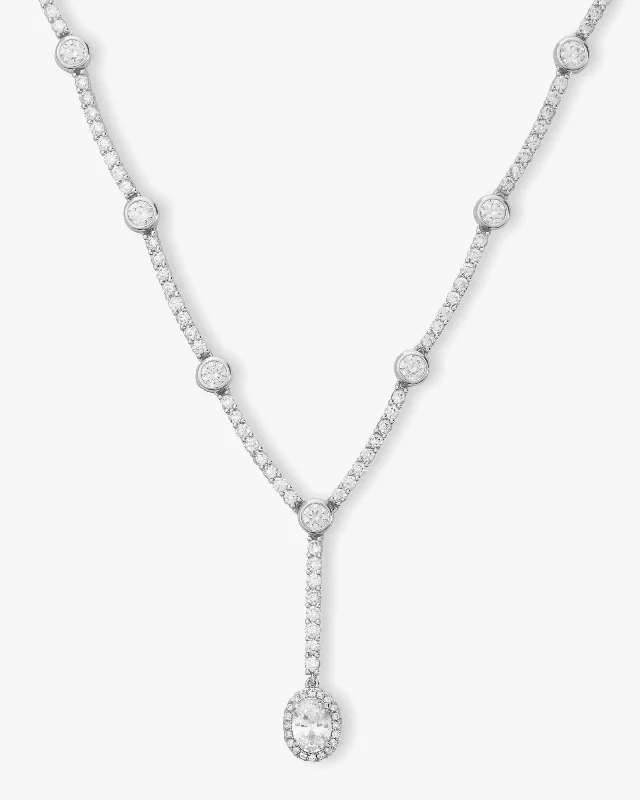 Scratched finish necklace-She's an Icon Lariat Necklace 18" - Silver|White Diamondettes