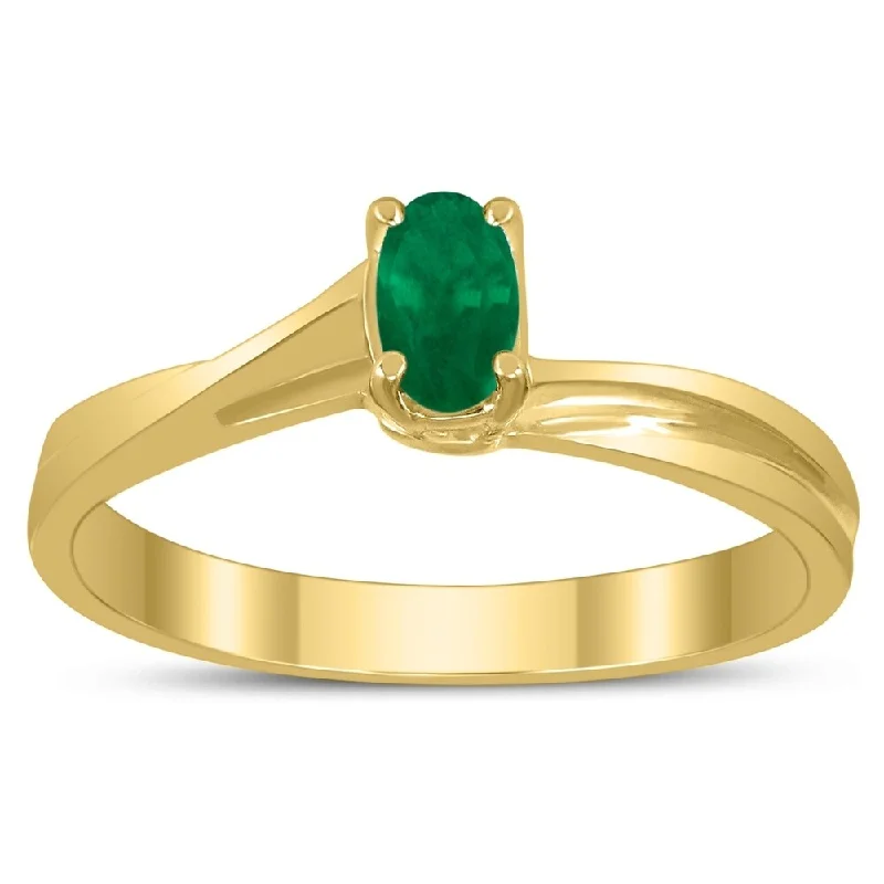 Prairie style ring-Solitaire Oval 5X3MM Emerald Gemstone Twist Ring in 10K Yellow Gold