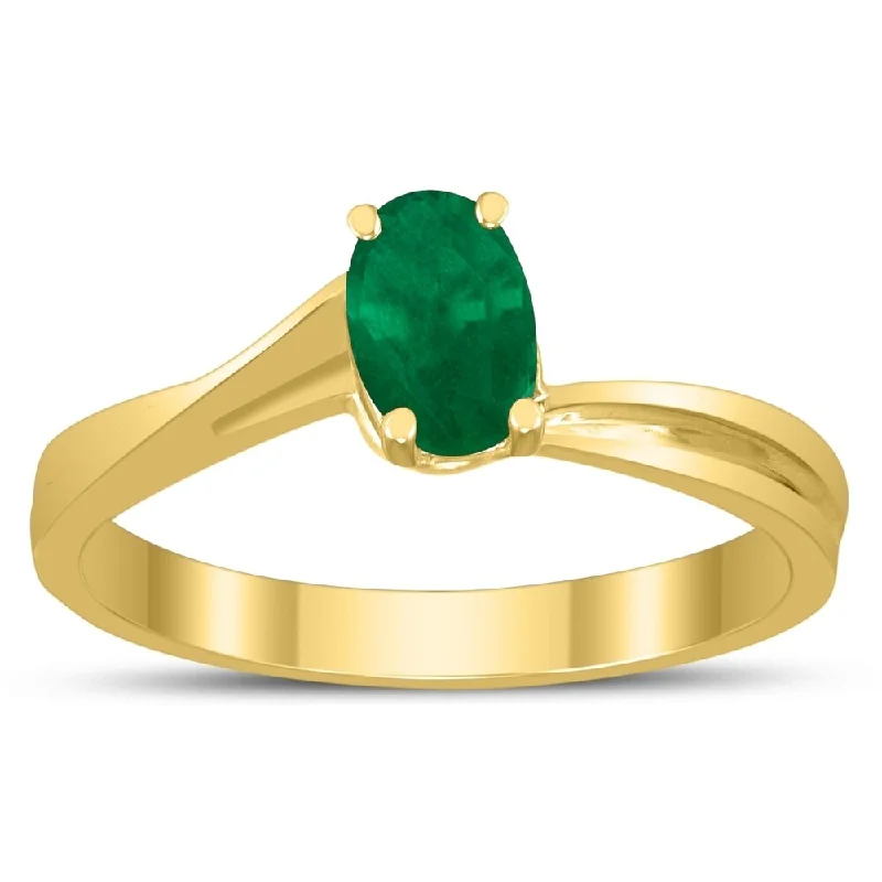 Delicate filigree ring-Solitaire Oval 6X4MM Emerald Gemstone Twist Ring in 10K Yellow Gold