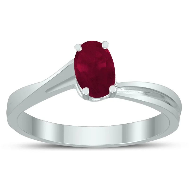 Stencil dye ring-Solitaire Oval 6X4MM Ruby Gemstone Twist Ring in 10K White Gold