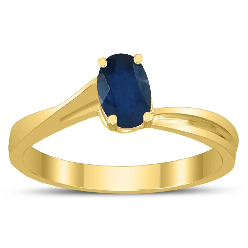 Gill slit ring-Solitaire Oval 6X4MM Sapphire Gemstone Twist Ring in 10K Yellow Gold