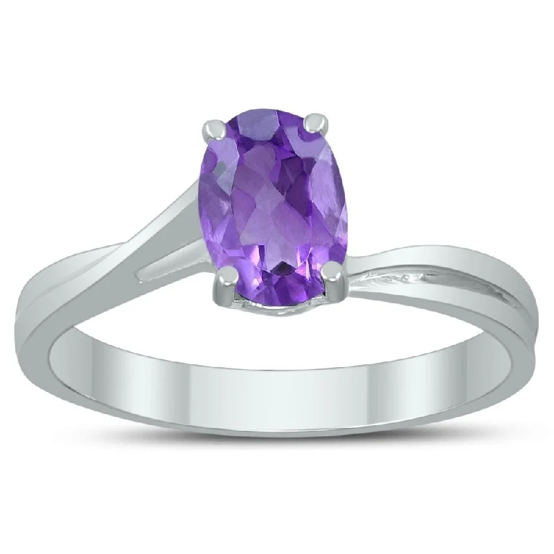 Tin toned ring-Solitaire Oval 7X5MM Amethyst Gemstone Twist Ring in 10K White Gold