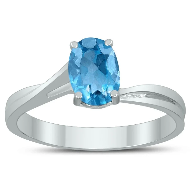 Vaulted set ring-Solitaire Oval 7X5MM Blue Topaz Gemstone Twist Ring in 10K White Gold