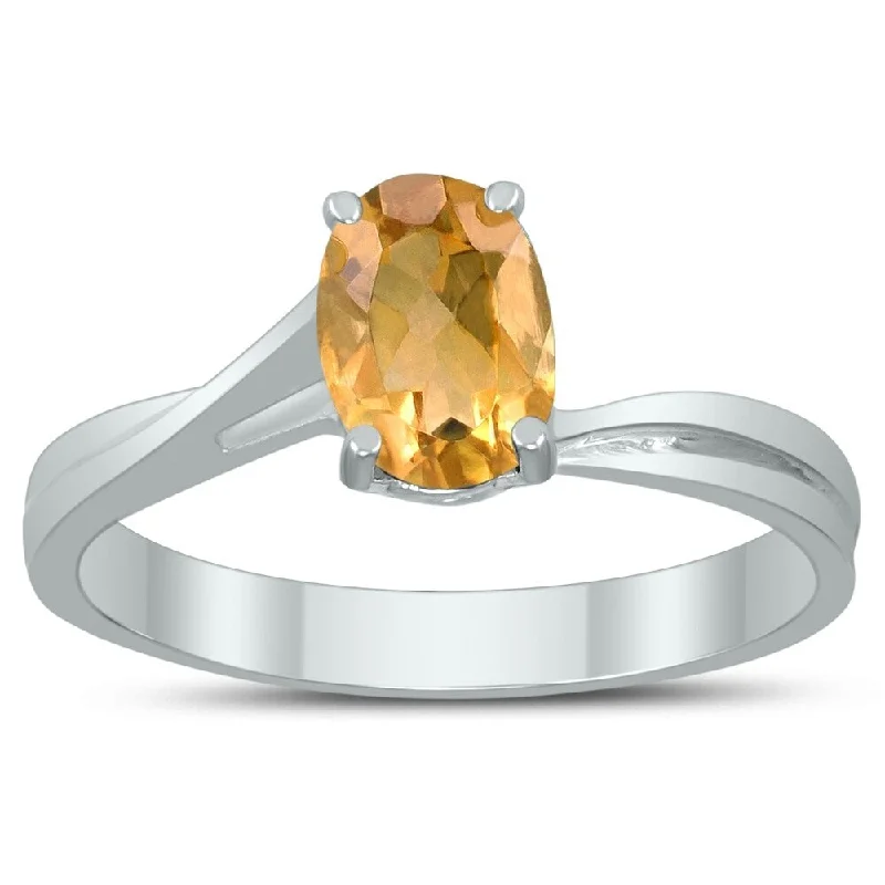 Ash gray ring-Solitaire Oval 7X5MM Citrine Gemstone Twist Ring in 10K White Gold