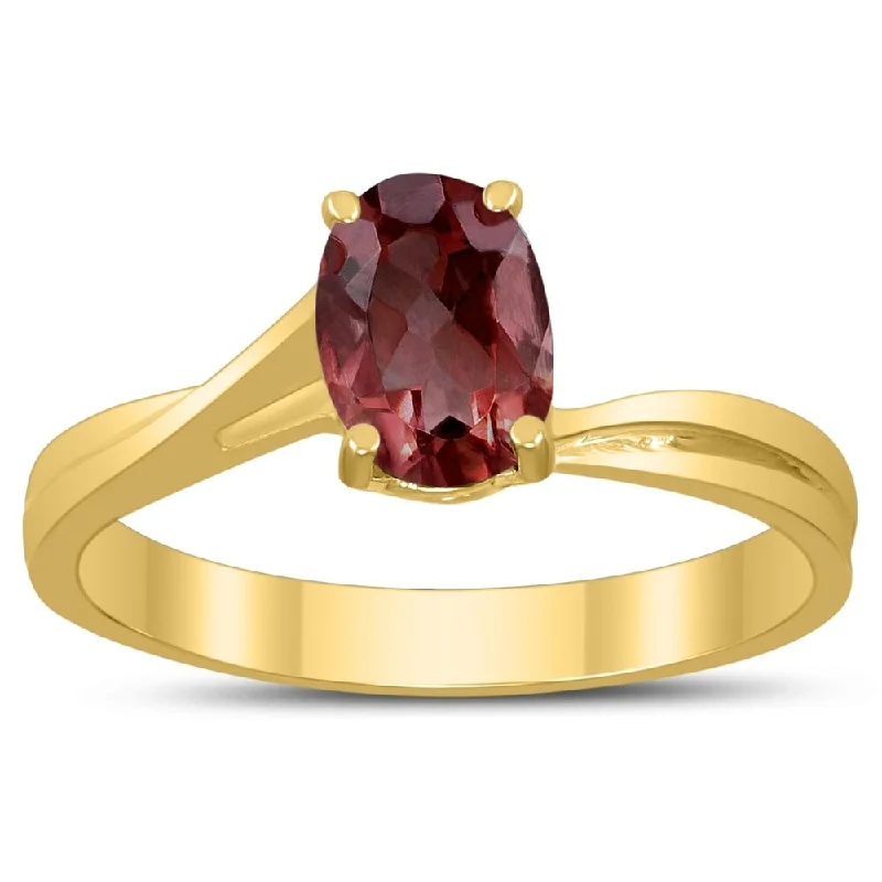 Cavern band ring-Solitaire Oval 7X5MM Garnet Gemstone Twist Ring in 10K Yellow Gold