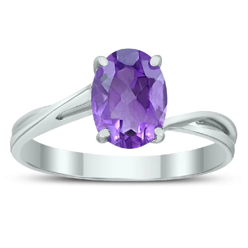 Flex joint ring-Solitaire Oval 8X6MM Amethyst Gemstone Twist Ring in 10K White Gold