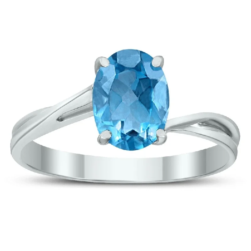 Eight-stone ring-Solitaire Oval 8X6MM Blue Topaz Gemstone Twist Ring in 10K White Gold