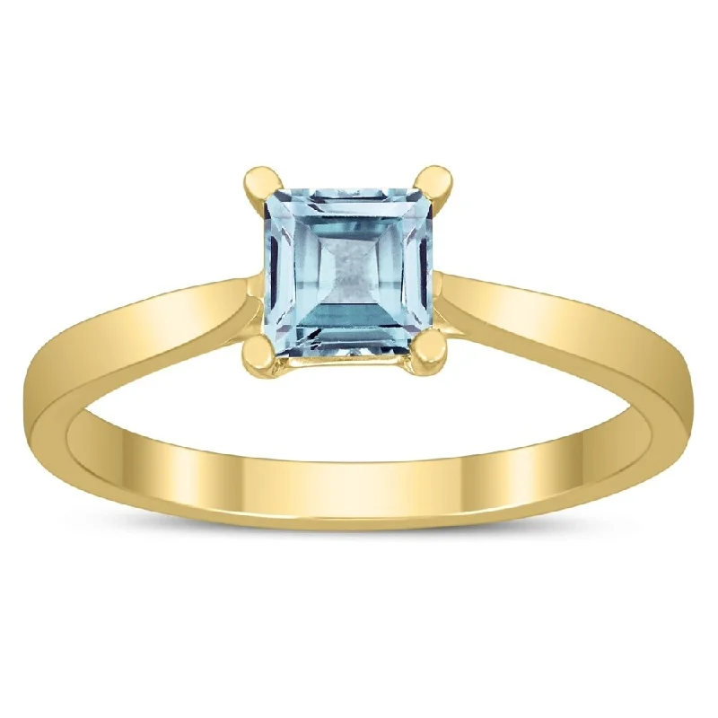 Faded stripe ring-Square Princess Cut 5MM Aquamarine Solitaire Ring in 10K Yellow Gold